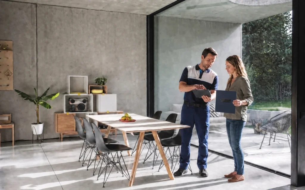 Frau hält einen Produktprospekt mit der Außenseite zur Kamera, während sie mit einem Installateur die Daikin-Serie auswählt
