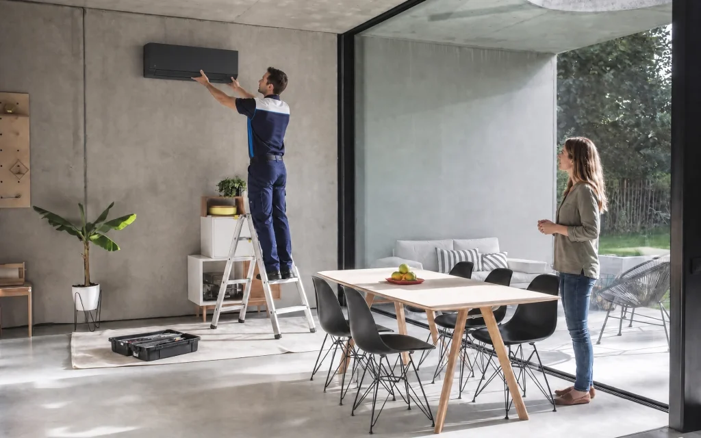 Installateur montiert eine schwarze Daikin-Klimaanlage fachgerecht im Wohnraum