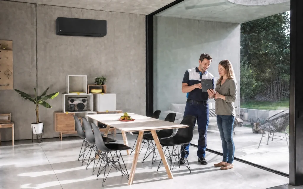 Installateur zeigt einer Kundin die Bedienung der schwarzen Daikin-Klimaanlage auf einem Tablet