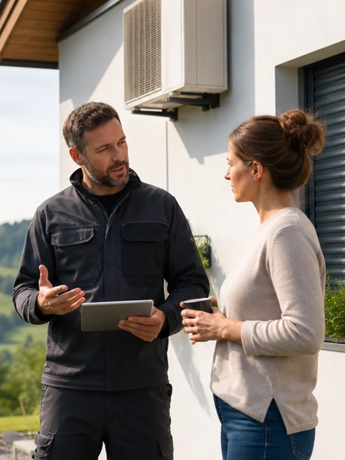 Persönliche Beratung rund um Klimaanlagen vor einem Wohnhaus