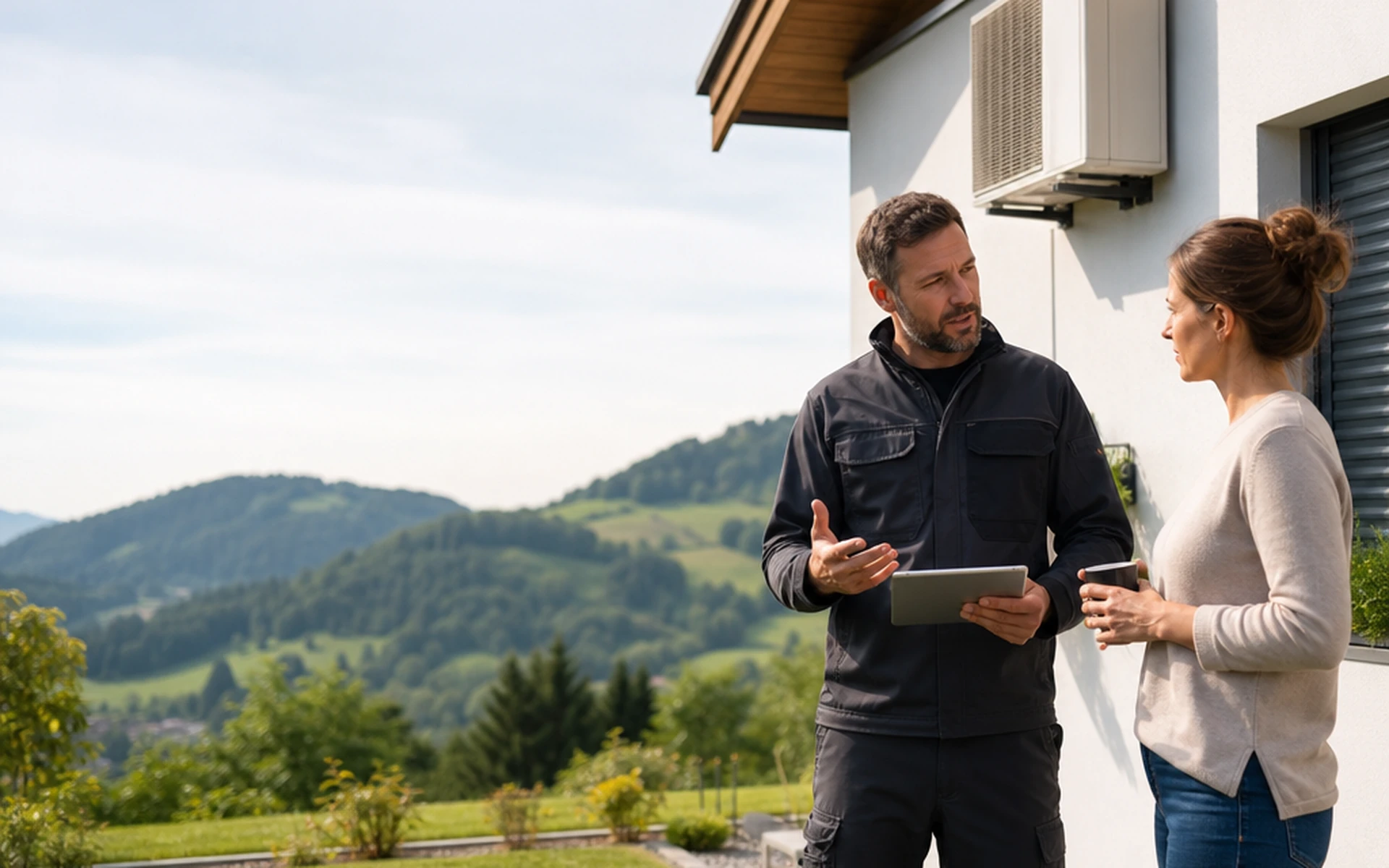 Persönliche Beratung rund um Klimaanlagen vor einem Wohnhaus